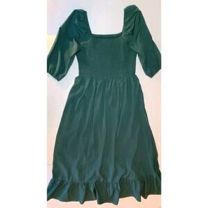 Milkmaid Peasant Smocked Ruffle Emerald Green Midi Dress Size 12 LG Cottagecore